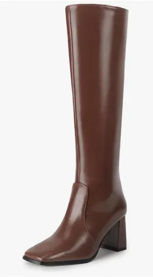 NEW Brown Vegan Leather Knee High Boots Square Toe Chunky 3” Heel Tall 10 thumbnail 1