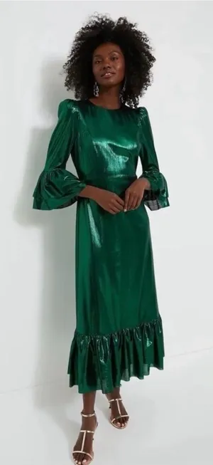 Pomander Place Tuckernuck Lilith Dress Emerald Green Midi Statement Sleeve L NWT thumbnail 1