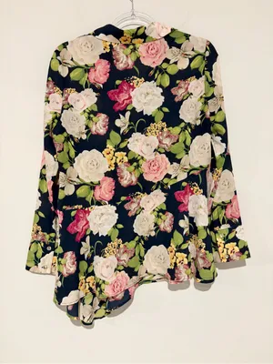 CATO Ruffled Rose Print Tunic Assymetrical Flowy Modern blouse pink blue medium‎ thumbnail 3