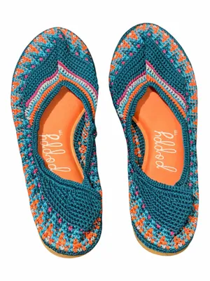 🆕Poppy x Free People Teal Crochet Ballet Flats with Orange and Pink Accents thumbnail 2