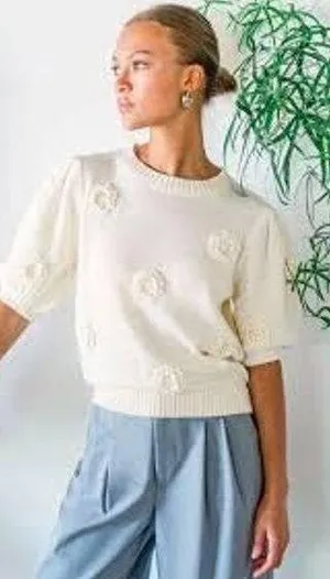 Joie | M | Knit Short Sleeve Sweater Floral Applique Crochet Top Women's thumbnail 1