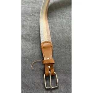 Vintage Striped Woven Belt Brown Faux Leather Trim Silver Buckle Size 34 thumbnail 2