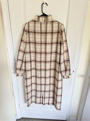 Sézane Plaid Ruffle Neck Long Sleeve Dress in Cream and Brown thumbnail 6