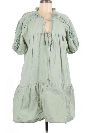 &Merci green cotton boho gauze peasant puff sleeve lace dress medium. thumbnail 1