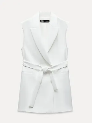 white vest double breasted sleeveless blazer jacket with waist tie thumbnail 8