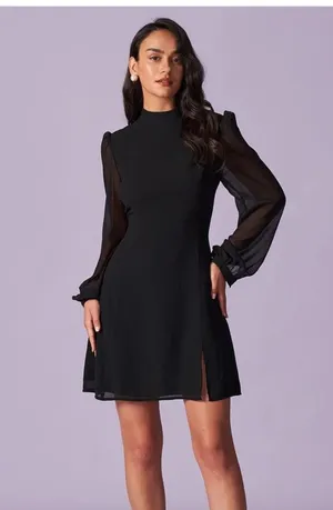 RIHOAS The Black Stand Collar Sheer Slit Mini Dress thumbnail 1