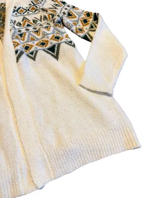 Maurices Cream Long Length Cardigan Sweater Open Front Tribal Fair Isle Medium thumbnail 7