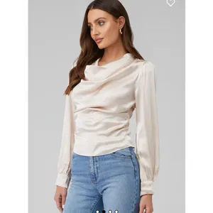 ASTR the Label Lilith‎ Satin Cowl Neck Long Sleeve Blouse Champagne M $98 thumbnail 2
