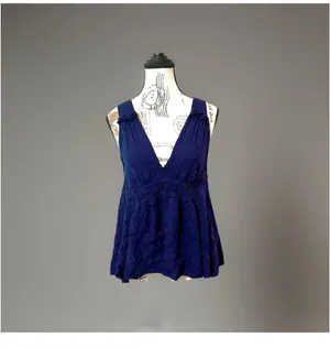 Maeve Anthropologie Navy Blue Boho Tank Top Plunge V Neck Smocked Cinch Small thumbnail 2