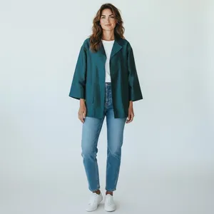 ST. JOHN COUTURE Sharkskin Silk Wool Blend Teal Open Front Jacket Blazer Size 8 thumbnail 13