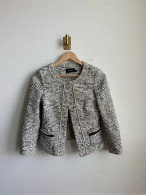 Karen Millen Women's Cropped Tweed Blazer Jacket Black Tan Size 4 thumbnail 2