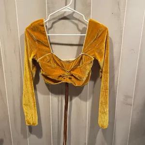 Cute golden ribbed corduroy stretchy cinched tie long sleeve crop top Cider thumbnail 4