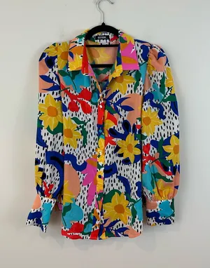 BTFMB Colorful Mixed Pattern Long Sleeve Button Down Blouse Size Medium White thumbnail 1