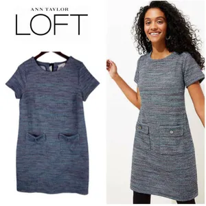 LOFT Blue Multi Tweed Sheath Dress Short Sleeve Pockets Size 0 thumbnail 2
