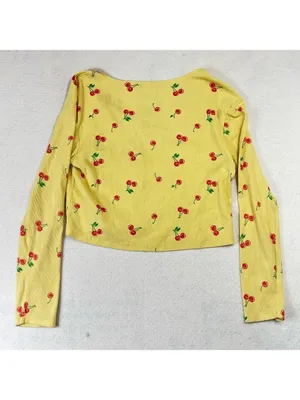 Hello Kitty Cardigan Sz M Yellow Ribbed Baby Doll Cropped Long Sleeve Button up thumbnail 6