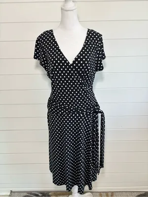 AB‎ Studio Black and White Polka Dot Wrap Midi Dress Size L thumbnail 2