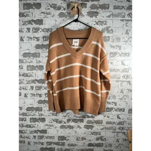 Aerie | women tan cream striped vneck sweater thumbnail 9