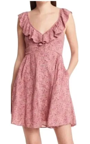 Madewell Dress‎ Women 8 Pink Floral Ruffle-Neck Tie-Back Mini Dress NK472 Boho thumbnail 1
