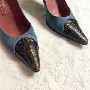 Sergio Rossi Pointed Toe Heals Blue Suede & Embossed Brown Leather Size 37 US 7 thumbnail 4