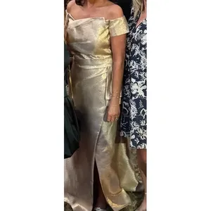 Alyce Paris Gold‎ Metallic Off Shoulder Evening Gown Formal Dress Side Bow Slit thumbnail 2