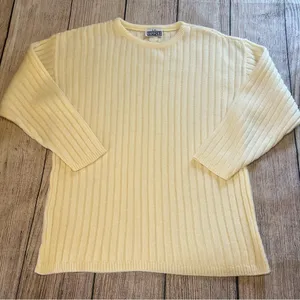 Vintage 80s Knit‎ Sweater Ribbed Womens Large Retro Cream Crewneck Pullover USA thumbnail 1