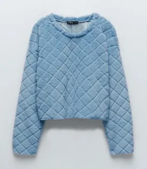 Zara Blue Quilted Soft‎ Faux Fur Fleece Cropped Crewneck Sweatshirt Sweater thumbnail 1