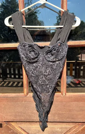 Vintage Victoria’s Secret Black & Mesh Lace String Thong Teddy Bodysuit 80s 34B thumbnail 1
