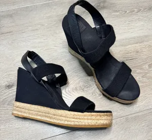 Tory Burch Black Canvas Espadrille Wedge Sandals Jute‎ Platform Heels Size 10.5 thumbnail 1