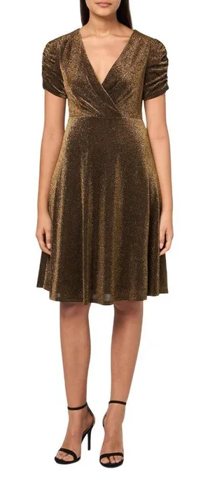 NWT Tommy Hilfiger Puff Sleeve Ruched Dress A4IK118E Bronze Brown / Black 12 thumbnail 1