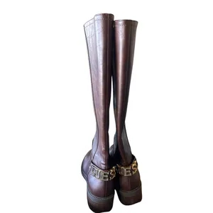 NEW GUESS padmaa riding boots Gold Spell Out Logo Chocolate Brown 8 thumbnail 9