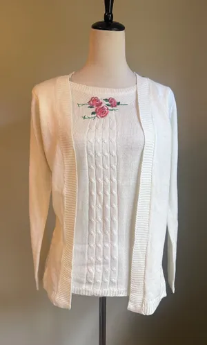 Evelyn Taylor CreamWhite Cardigan Sweater Rose embroidered dainty cottage retro thumbnail 1