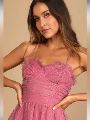 Lulu's Sweetheart Style Mauve Polka Dot Bustier Tiered Midi Dress Size S thumbnail 3