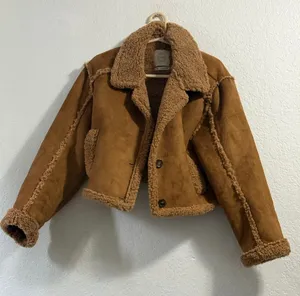 Fuzzy Stoosh Brown Cropped Puffer Jacket puppy Sherpa faux suede XL thumbnail 1