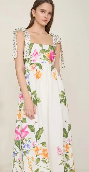 NWT Blu Pepper Off White Floral Tie Strap Empire Waist Midi Dress – Small thumbnail 1