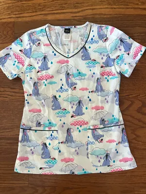 Disney Eeyore Sunshower Womens Scrub Top V-Neck Short Sleeve Pockets Size Small thumbnail 3