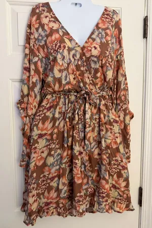 Dress Forum Small Floral Ruffle Midi Dress Brown Boho Long Sleeve thumbnail 1