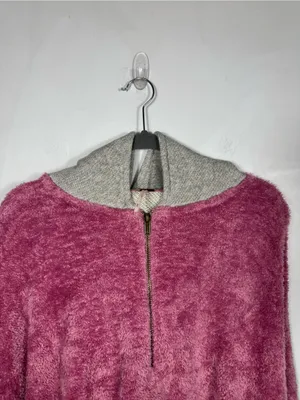 Free People Pink Fuzzy Teddy Half Zip Hoodie Oversized Pullover Balloon Sleeve M thumbnail 4