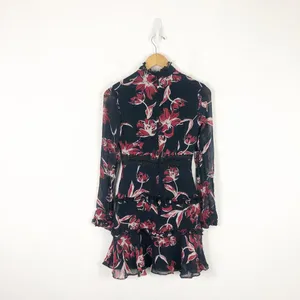 Nicholas French Floral Mini Dress Size 2 Silk Long Sleeve Ruffle Aline High Neck thumbnail 14