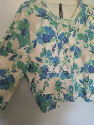 Anthropologie Long-Sleeve Floral Crew Cardigan Sweater Large thumbnail 2