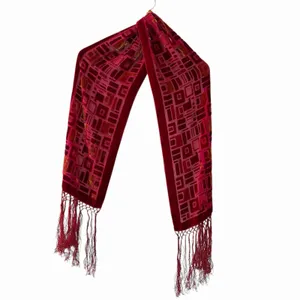 Whimsigoth Red Velvet‎ Burnout Scarf Fringe Gothic Art Deco Long Wrap 9.5Wx76H thumbnail 2