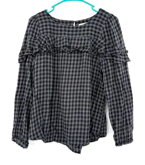 Loft Size‎ Small Long Sleeve Blouse Top Shirt Gingham Print Ruffle Detail thumbnail 1