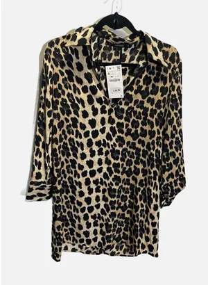 Zara Leopard Print Tunic Women Small‎ Tan Black V-Neck 3/4 Sleeve Animal Blouse thumbnail 1