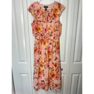 Stella & Julie Midi Dress Womens 14 Pink Floral Ruffle Sleeveless Garden Party thumbnail 2