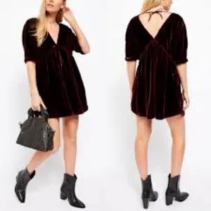 Free People Red Velvet Ivy Mini Baby Doll Vneck Dress XS thumbnail 2