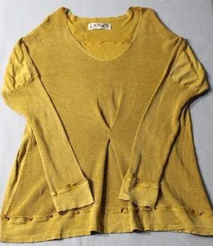M.‎ Rena Waffle Knit Top Womens Large Yellow V-Neck Pleated Thermal Boho S4945A thumbnail 1