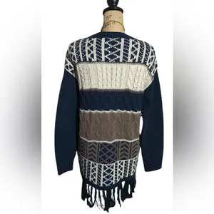 Romeo & Juliet Couture Navy, Cream & Brown Fringe Cable Knit Sweater thumbnail 2