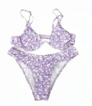 Floral Lilac Two Piece Deep Plunge Bikini Top High Waisted Bottoms Womens Medium thumbnail 1