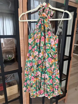 Copper key mini dress colorful floral tropical print halter neck open back linen thumbnail 2