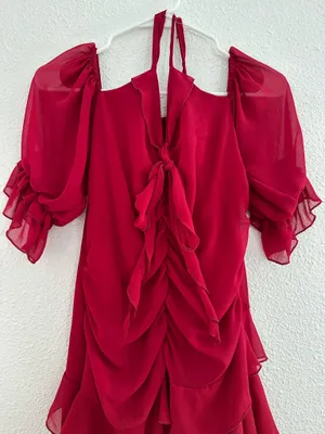 red ruffled ruched flowy salsa emoji asymmetrical dress thumbnail 3