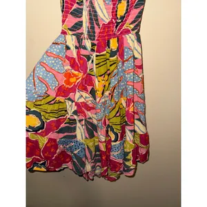 Angie Tropical Floral Smock Mini Dress S Multi Color Tier Boho Sundress vacation beach thumbnail 4